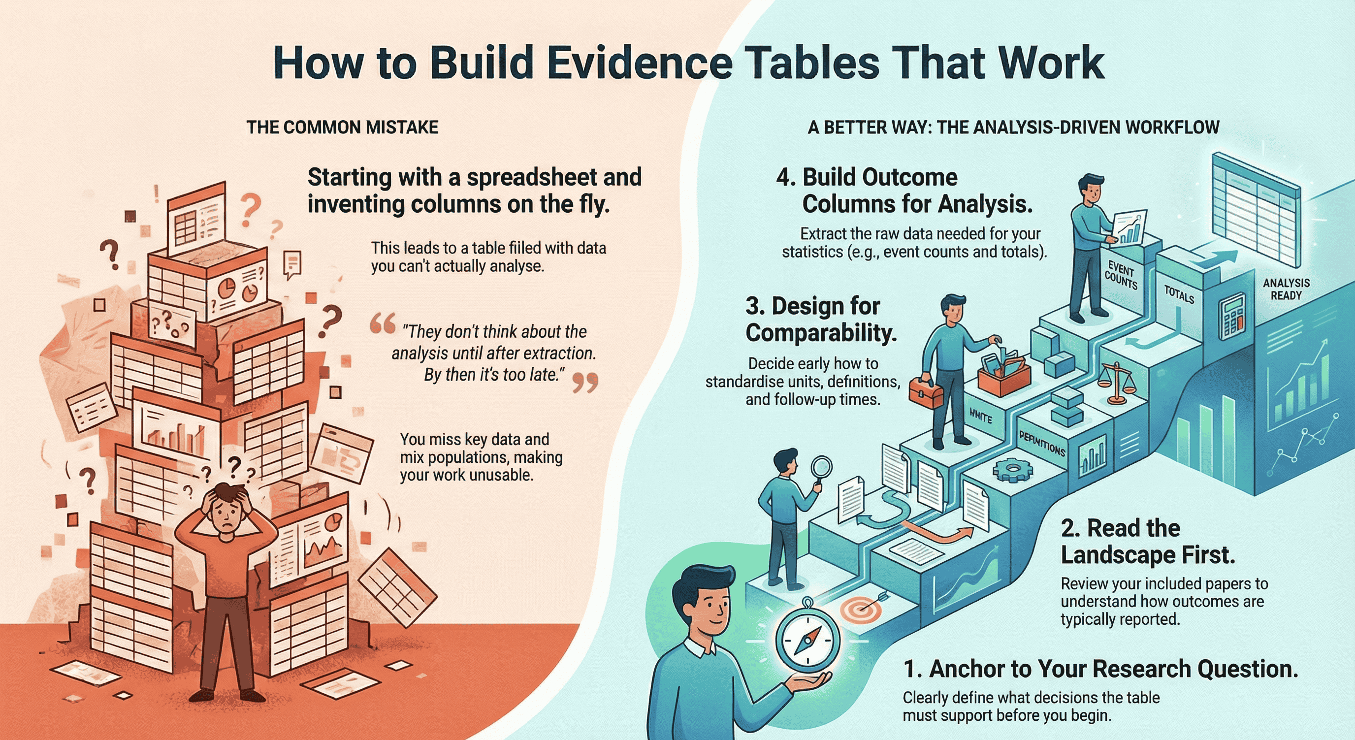 Evidence table design process showing research question leading to analysis planning and structured data extraction