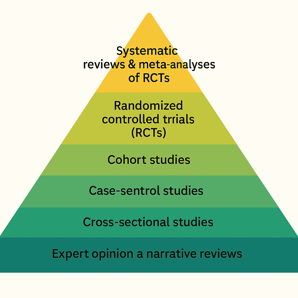 Illustrated evidence pyramid showing hierarchy from expert opinion to systematic reviews