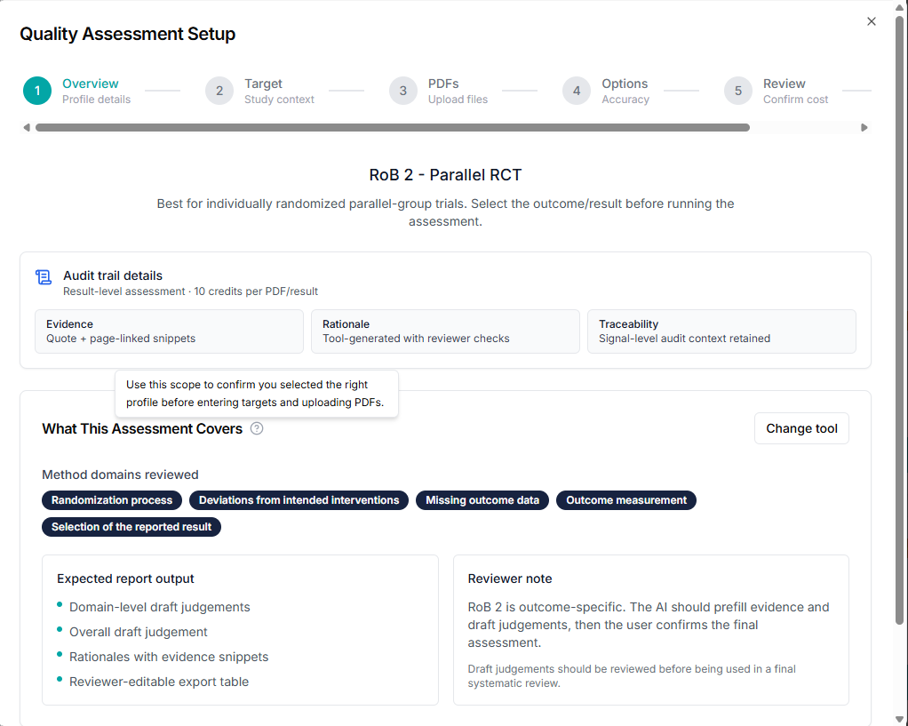 Quality assessment step 1 tool selection interface