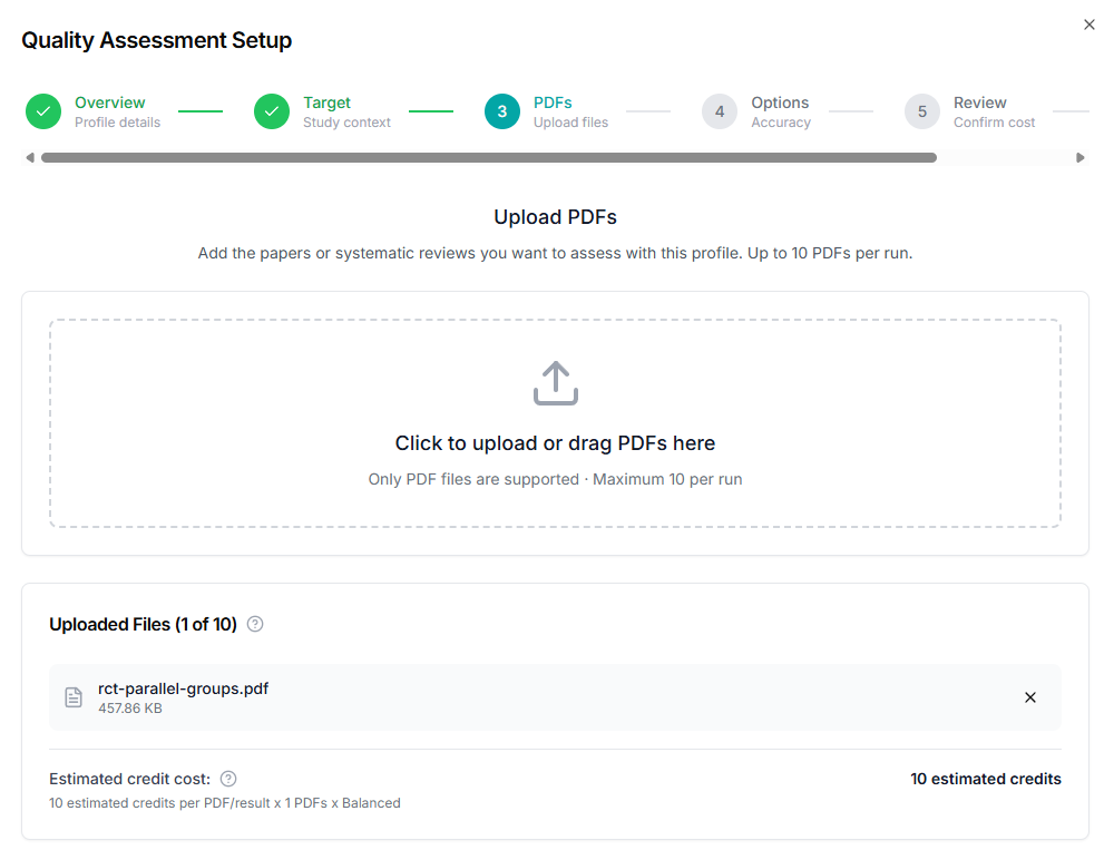 Quality assessment step 3 PDF upload panel