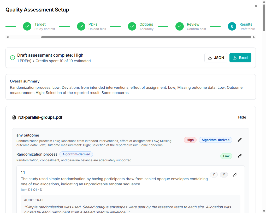 Quality assessment step 5 results table with evidence viewer and export actions
